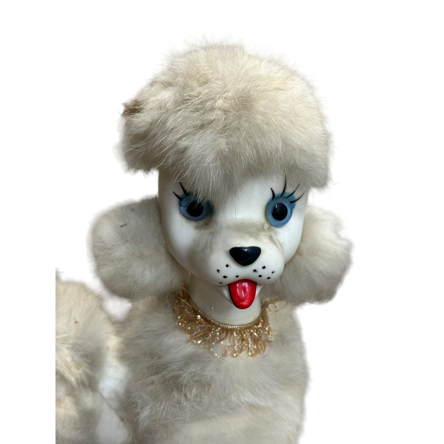 Vintage White Faux Fur Poodle Dog Figurine With Beaded Collar