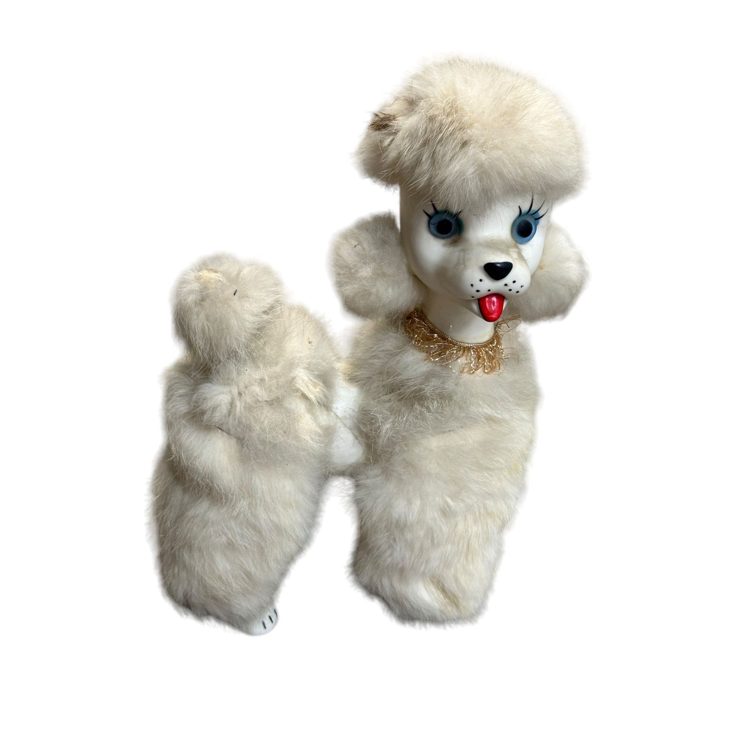 Vintage White Faux Fur Poodle Dog Figurine With Beaded Collar