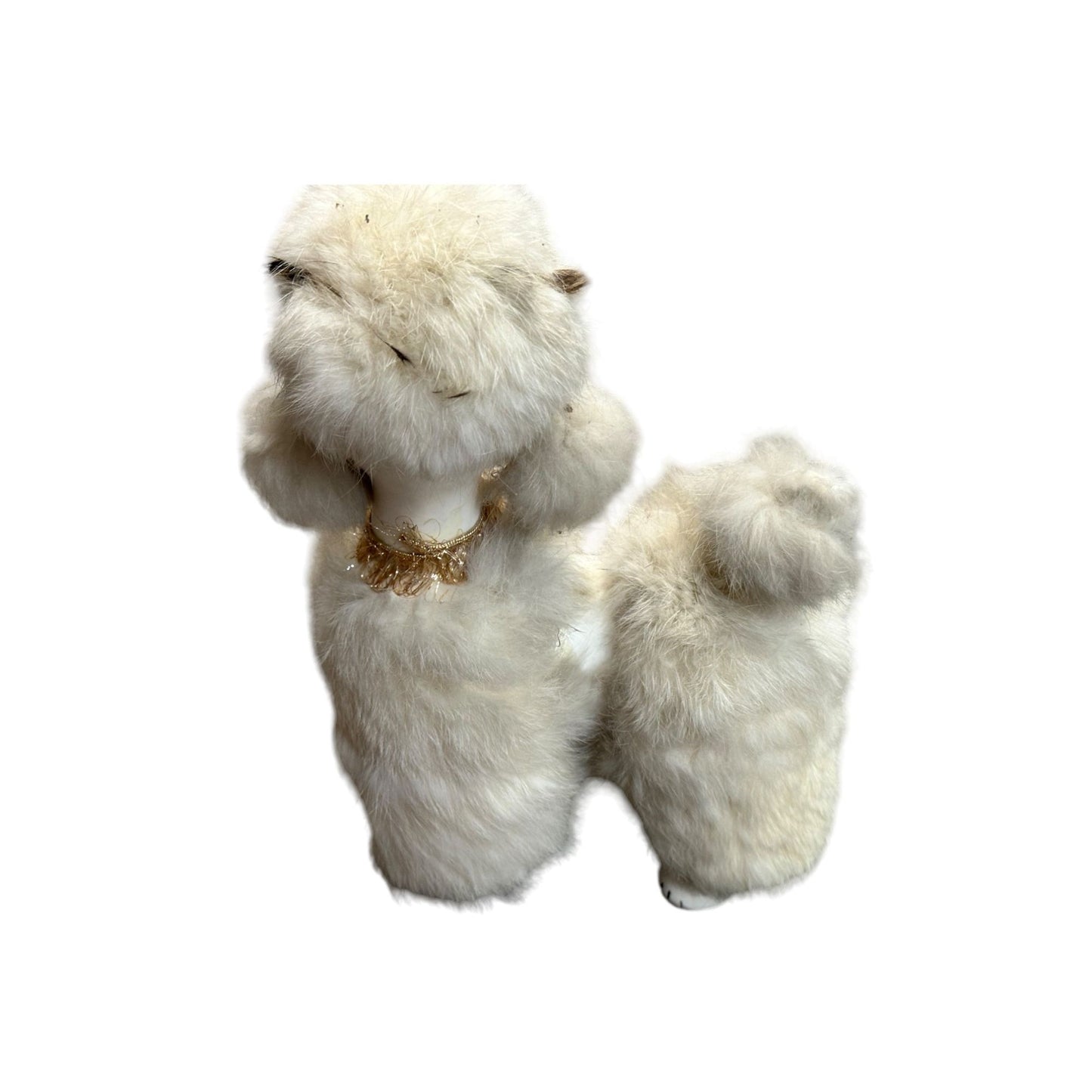 Vintage White Faux Fur Poodle Dog Figurine With Beaded Collar