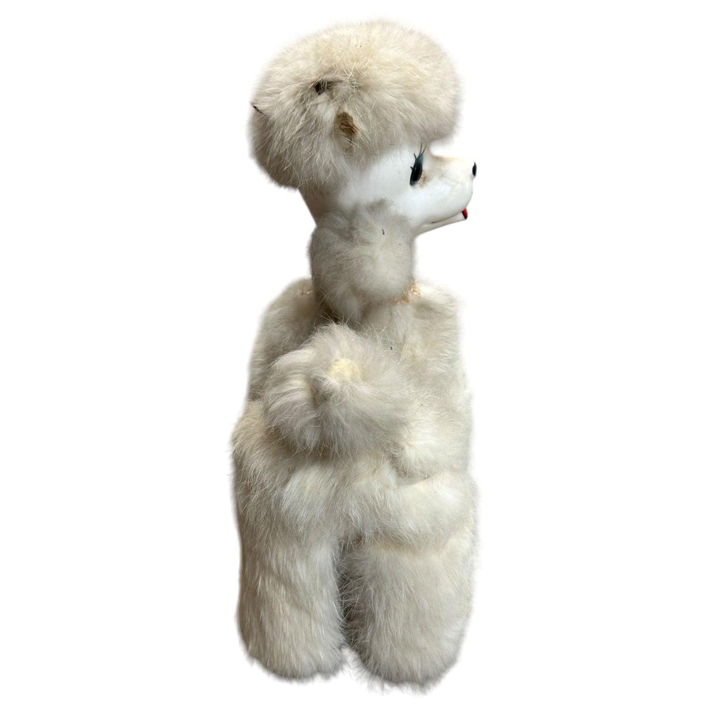 Vintage White Faux Fur Poodle Dog Figurine With Beaded Collar