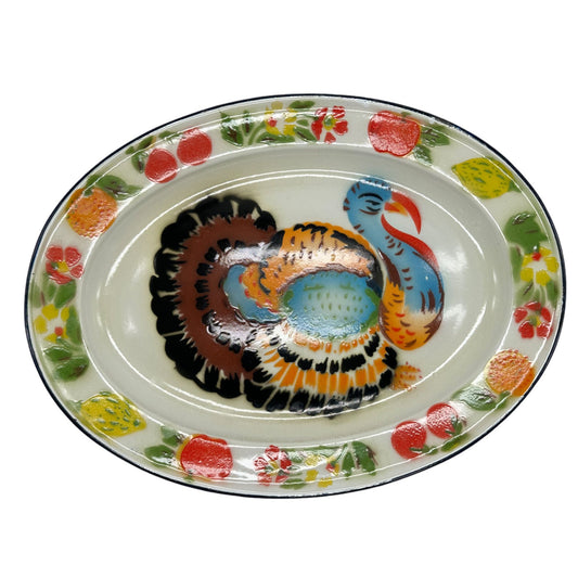 Vintage Enamel Serving Platter Colorful Turkey & Fruits Design