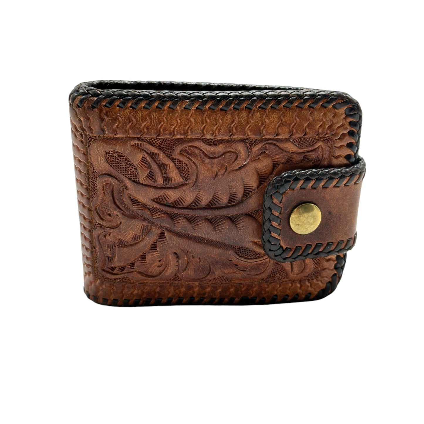 Handcrafted Leather Wallet With Floral Embossed Design & Snap Closure