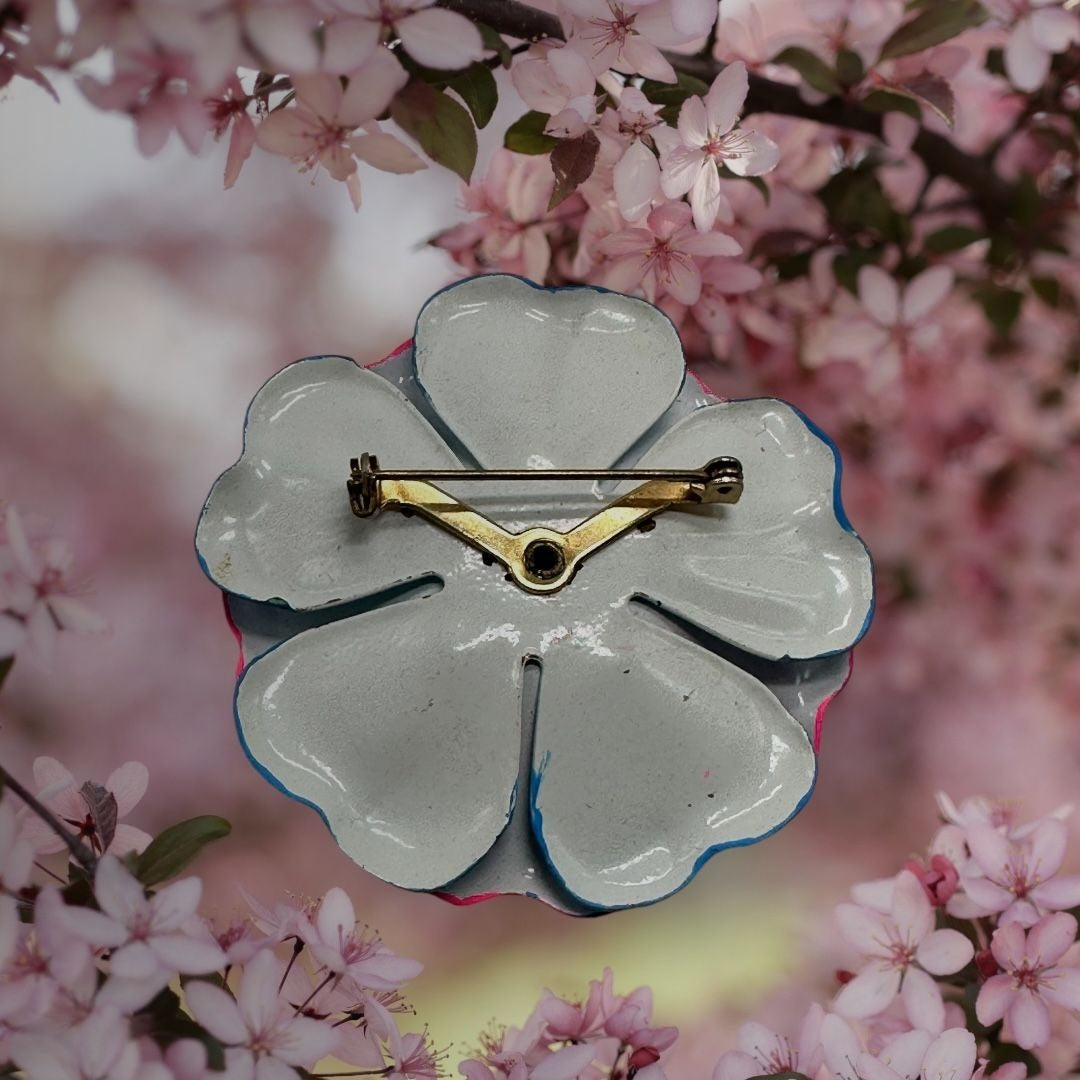 Vintage Enamel Flower Brooch Pin Pink & Blue 3" Diameter