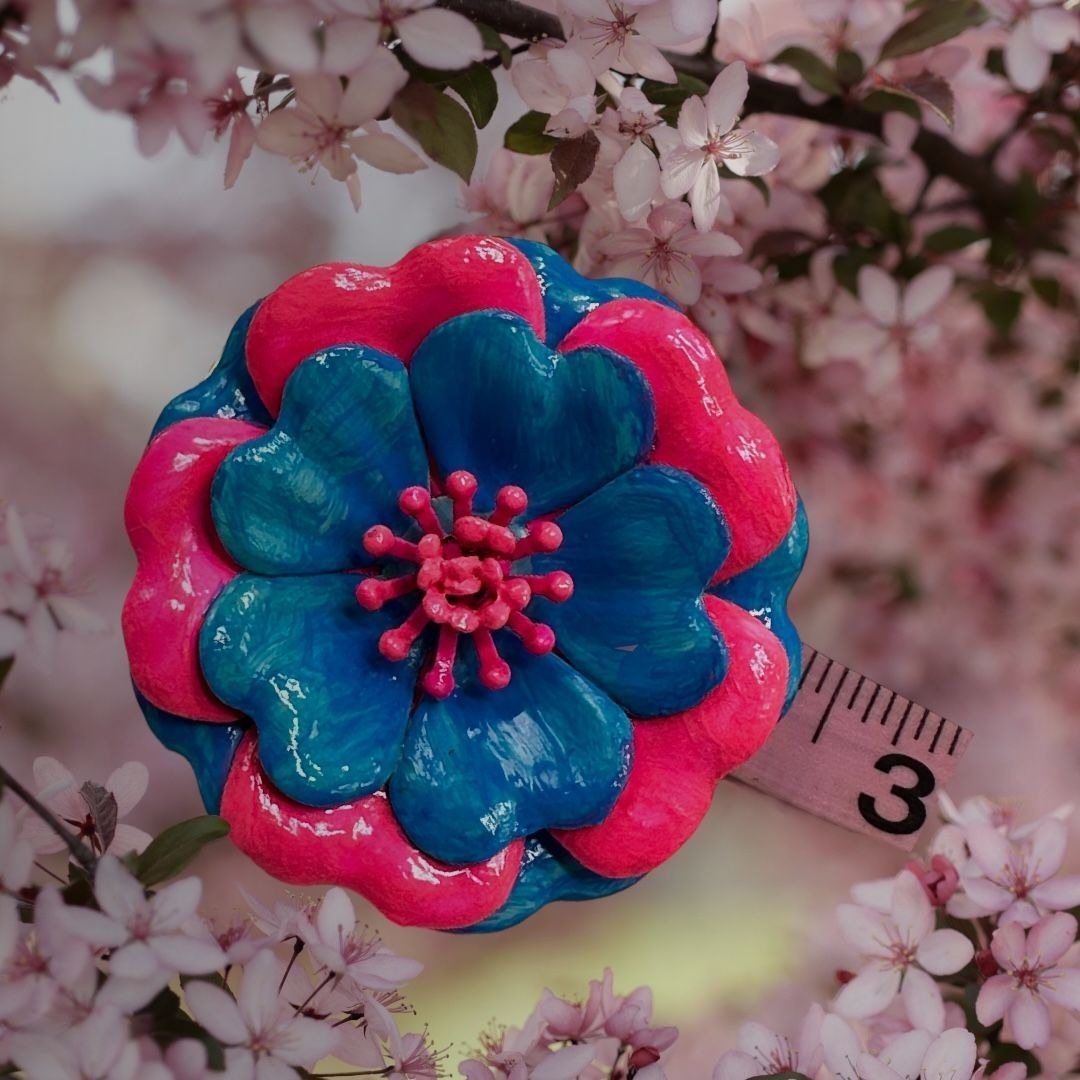 Vintage Enamel Flower Brooch Pin Pink & Blue 3" Diameter