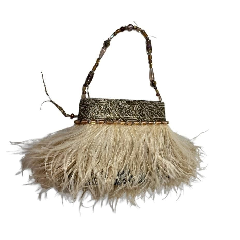 Taylor Ray Womens Ostrich Feather Beaded Strap Purse Shoulder Bag Beige