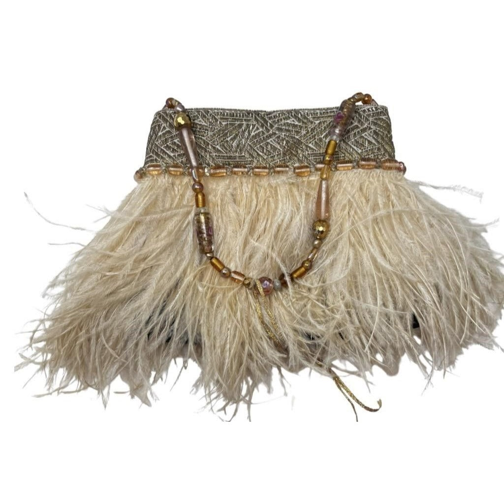 Taylor Ray Womens Ostrich Feather Beaded Strap Purse Shoulder Bag Beige