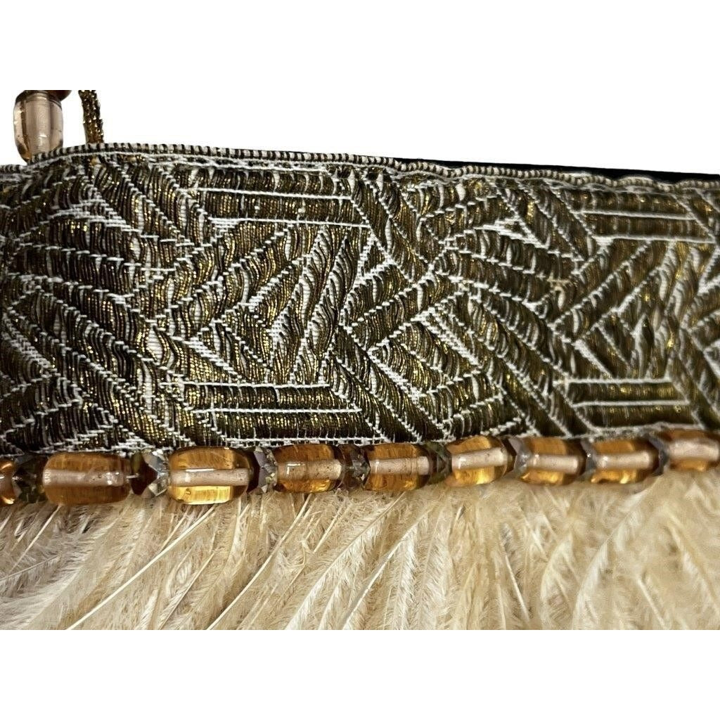 Taylor Ray Womens Ostrich Feather Beaded Strap Purse Shoulder Bag Beige