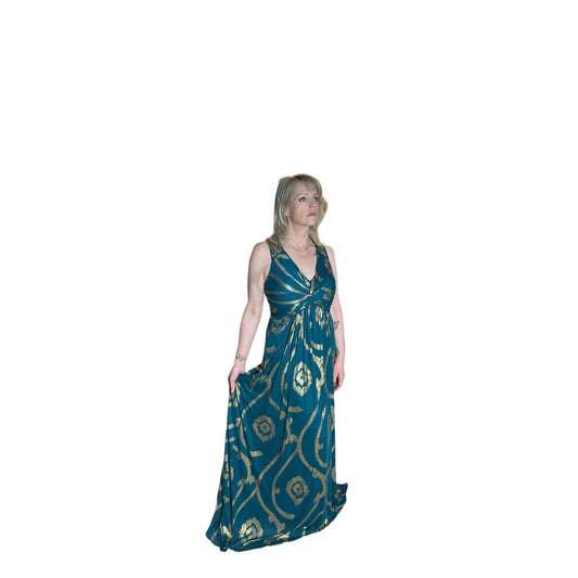 NW Nightway Bohemian-Inspired Teal & Gold Maxi Dress Size 8