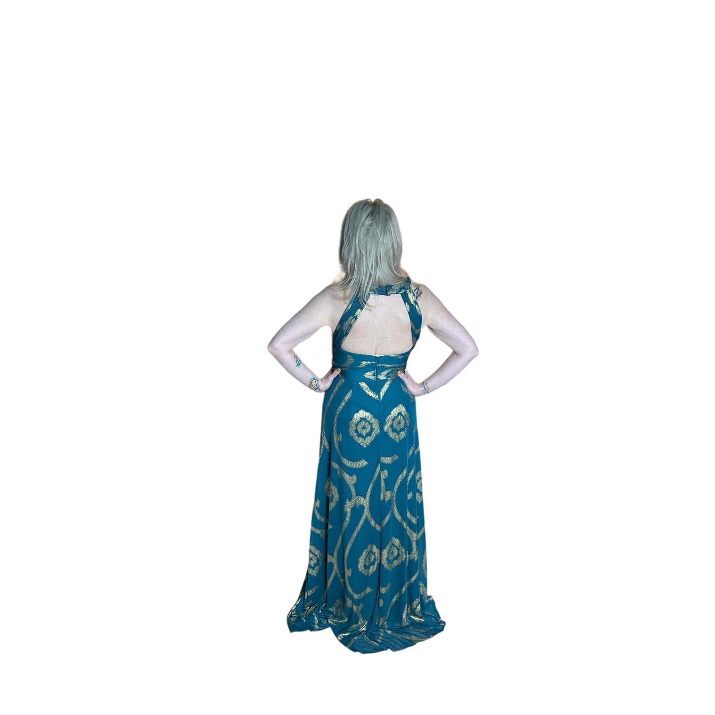 NW Nightway Bohemian-Inspired Teal & Gold Maxi Dress Size 8