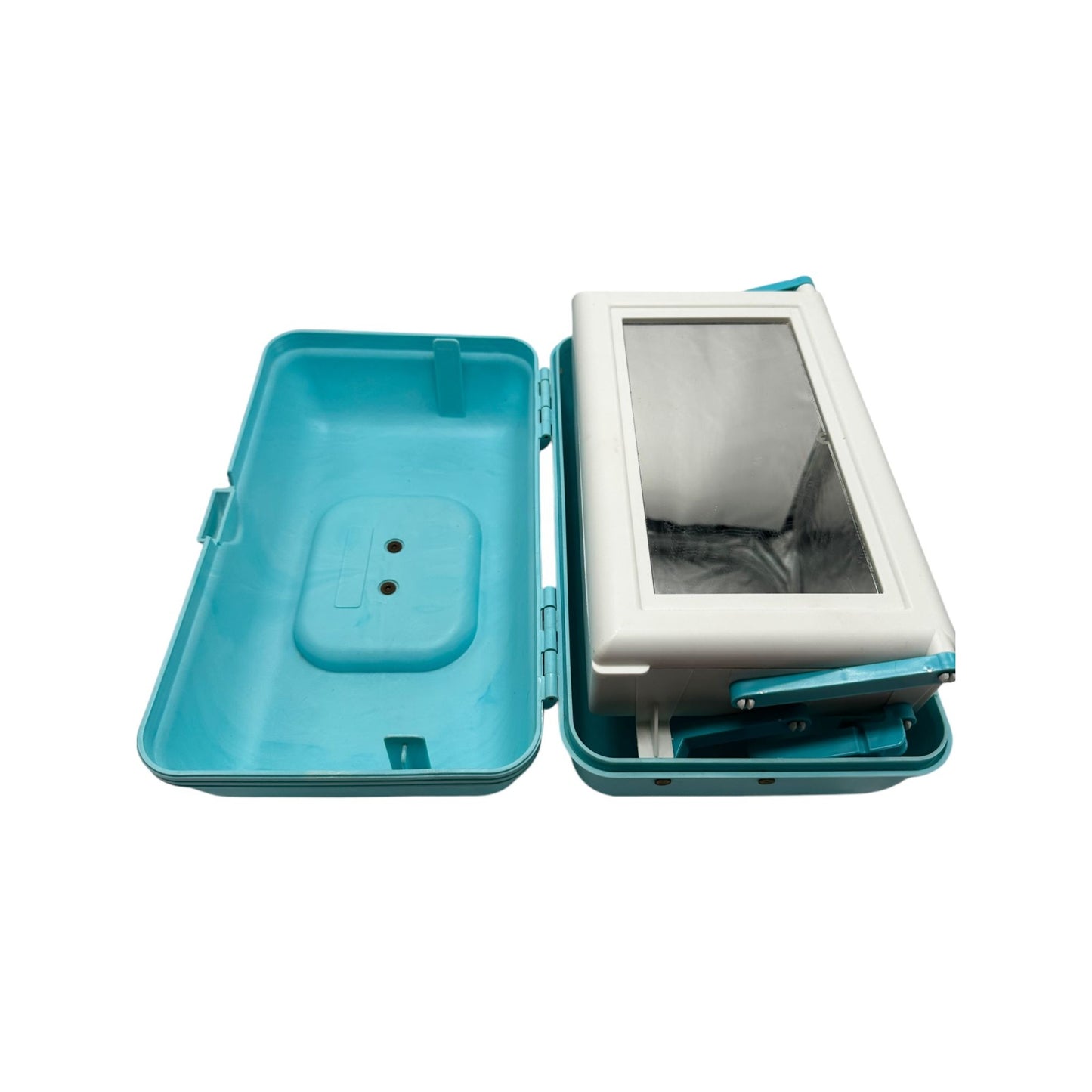 Vintage Retro Caboodles Makeup Case Teal Blue Plastic Travel Organizer Handle & Latch