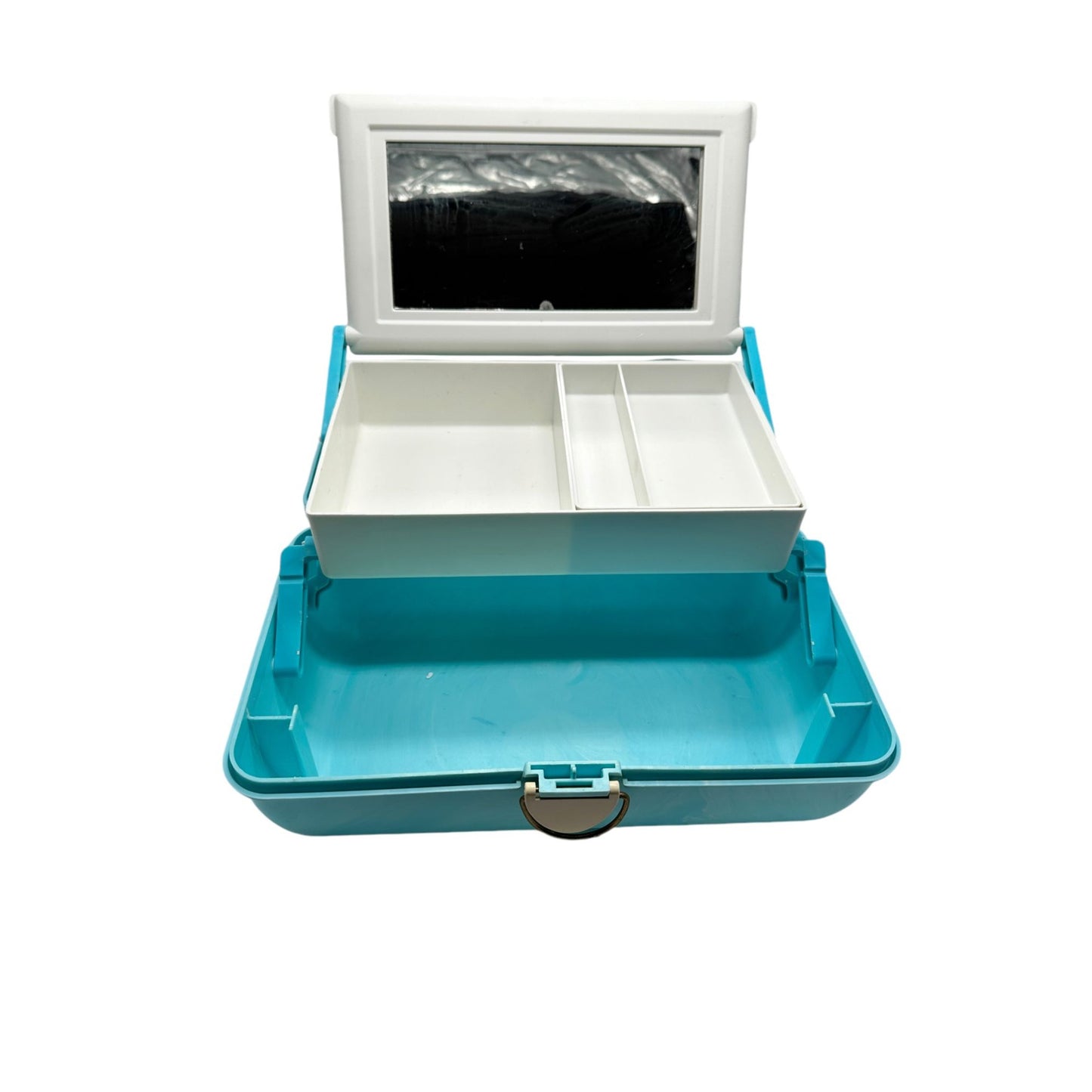 Vintage Retro Caboodles Makeup Case Teal Blue Plastic Travel Organizer Handle & Latch