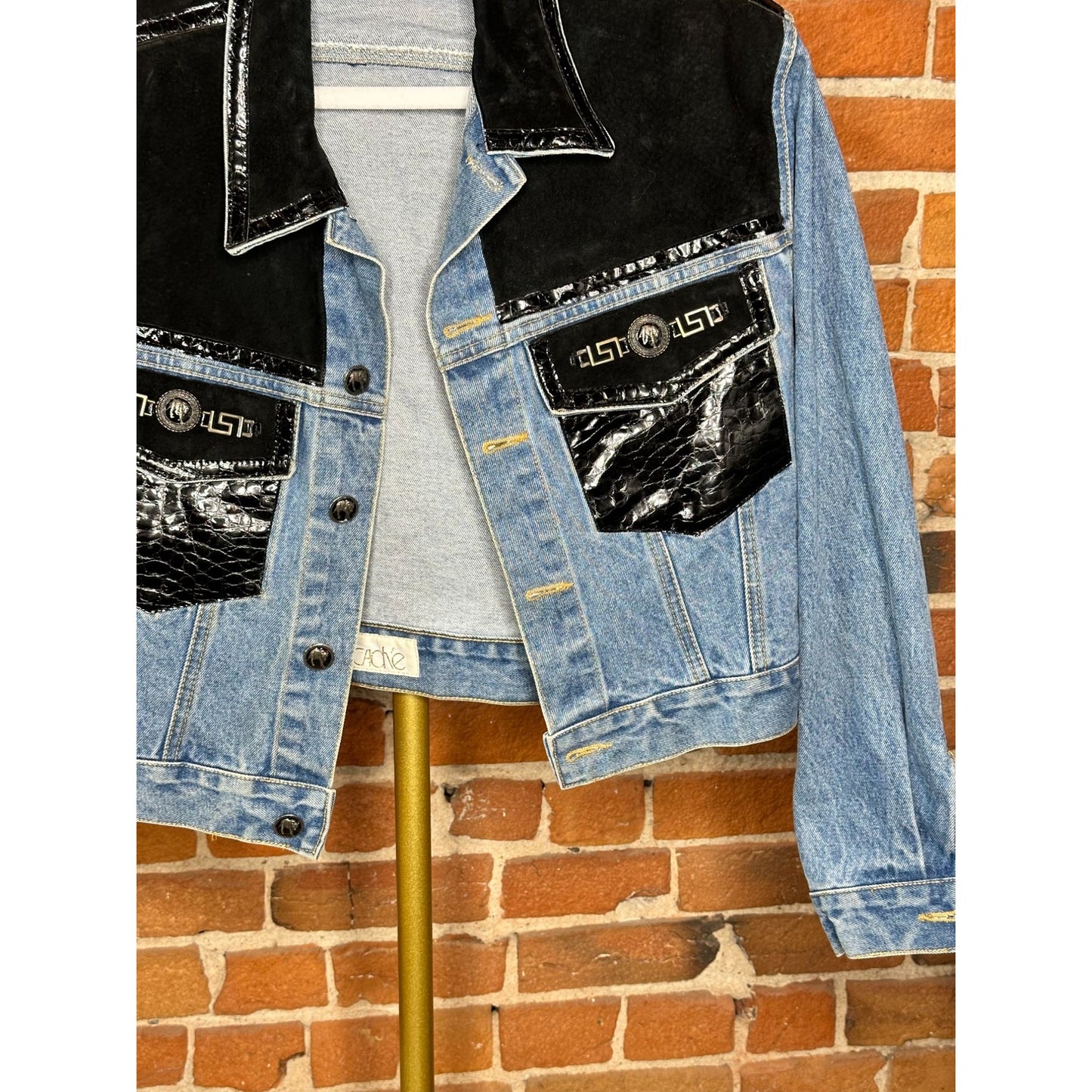 Vintage 90s Caché Women's Jean Cropped Denim Jacket with Black Leather Rare M