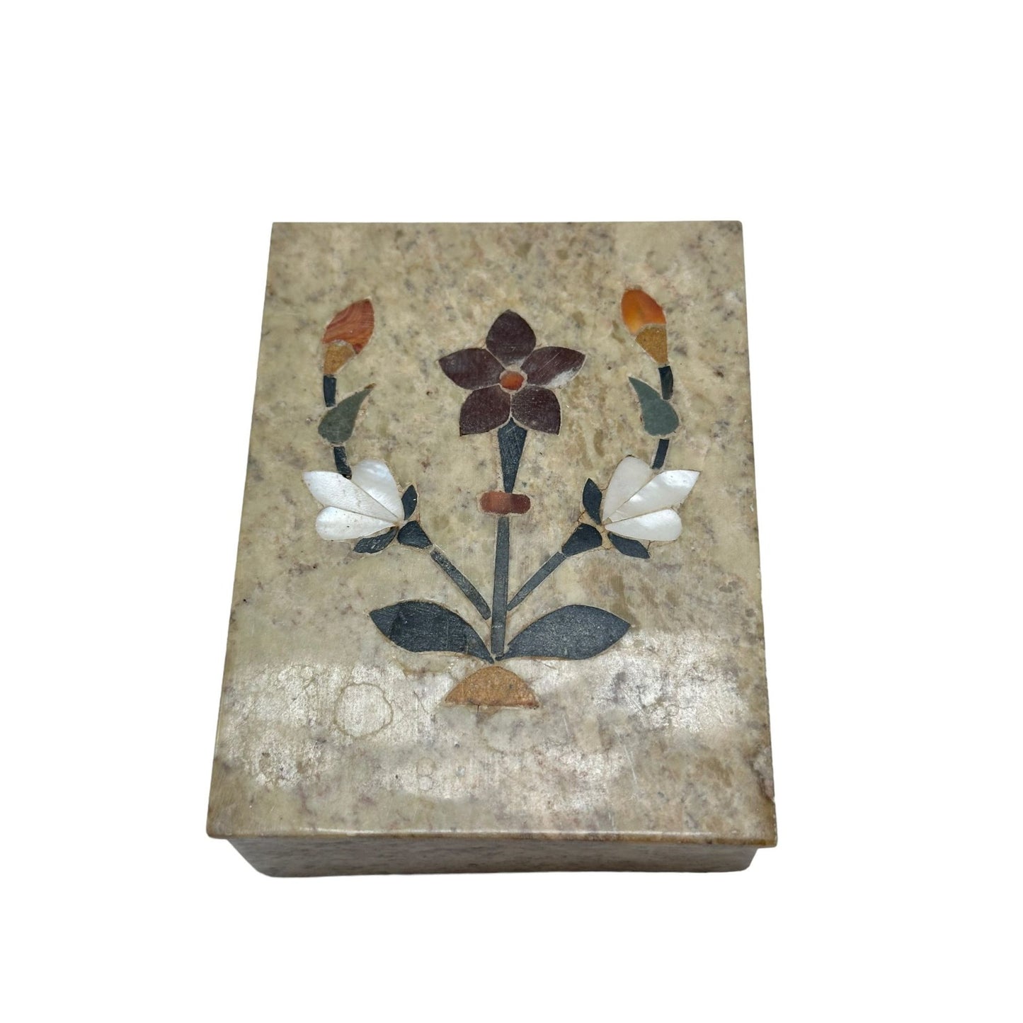 Vintage Marble Trinket Box Made in India Floral Inlay Design 3" x 4" Collectible