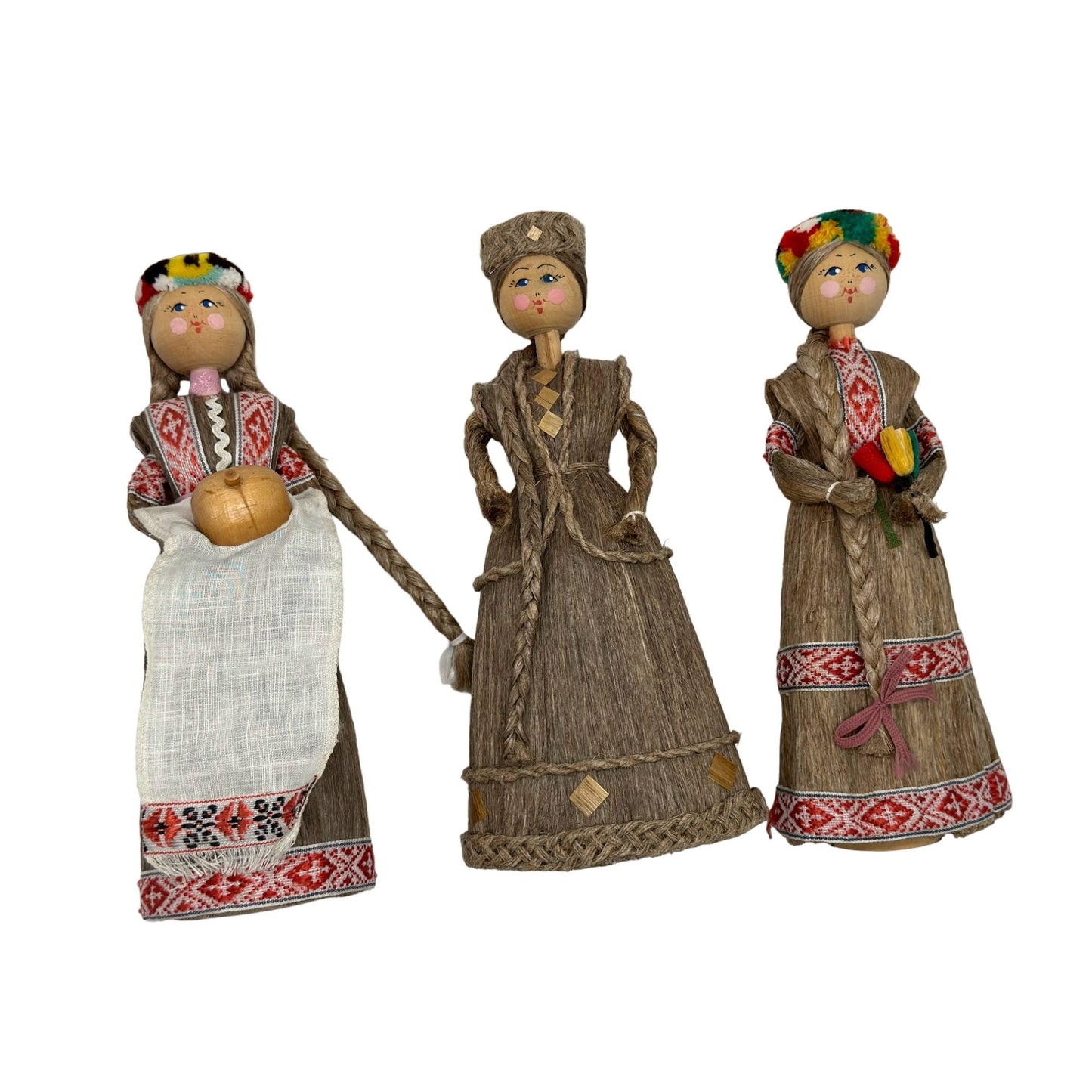 Vintage Handmade Russian Belarus Doll Traditional Dress Corn Husk Silk & Wood