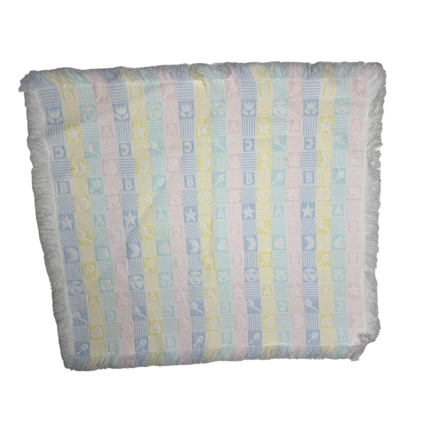 Vintage Baby Blanket Fringe Pastel Blocks Moon Star ABC Alphabet 35"x3'3"