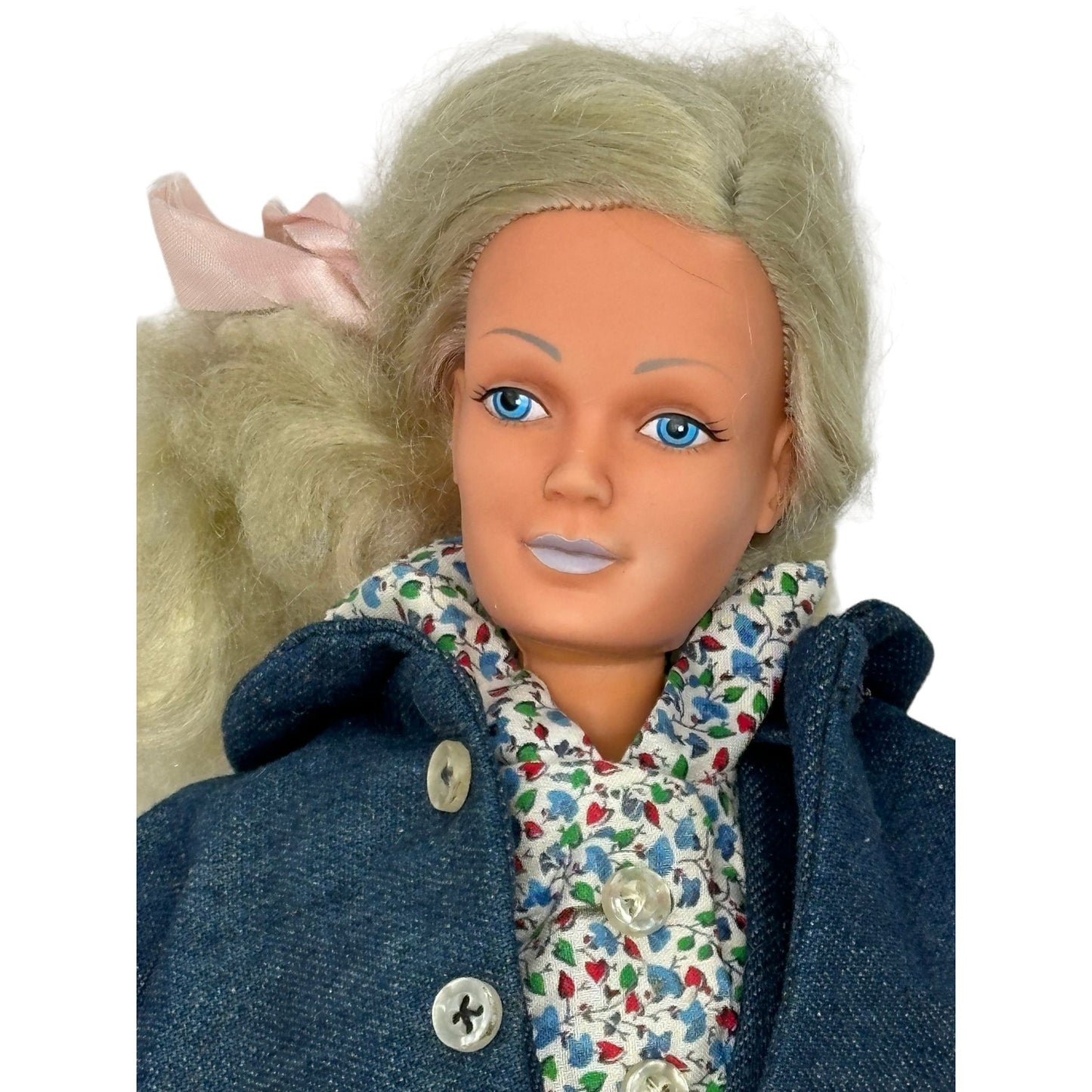 Vintage Barbie Doll Blonde Hair Blue Eyes 20” Floral Top Denim Jacket Large