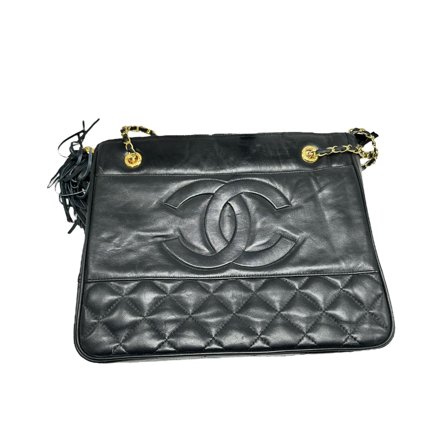 Chanel Womens Black Authentic Gold Chain Leather Shoulder Tote Bag