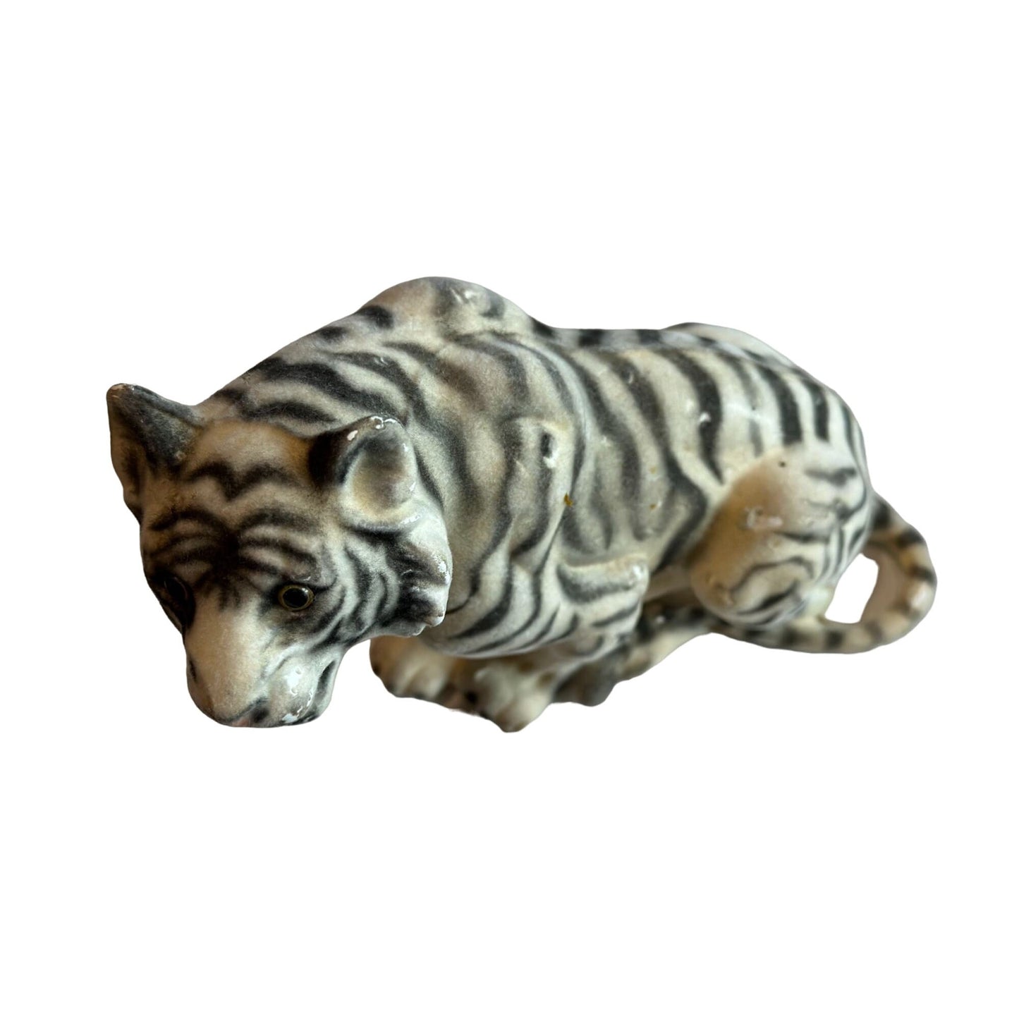 Vintage Flocked White Tiger Figurine Open Mouth Big Cat Rare Collectible