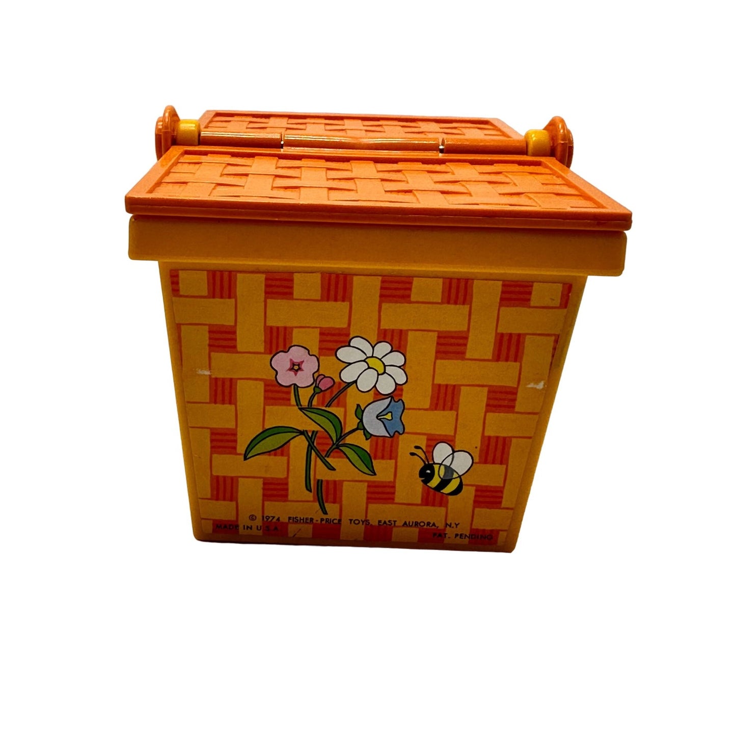 Vintage 1974 Fisher Price #677 Picnic Basket Bears Print Orange & Yellow USA