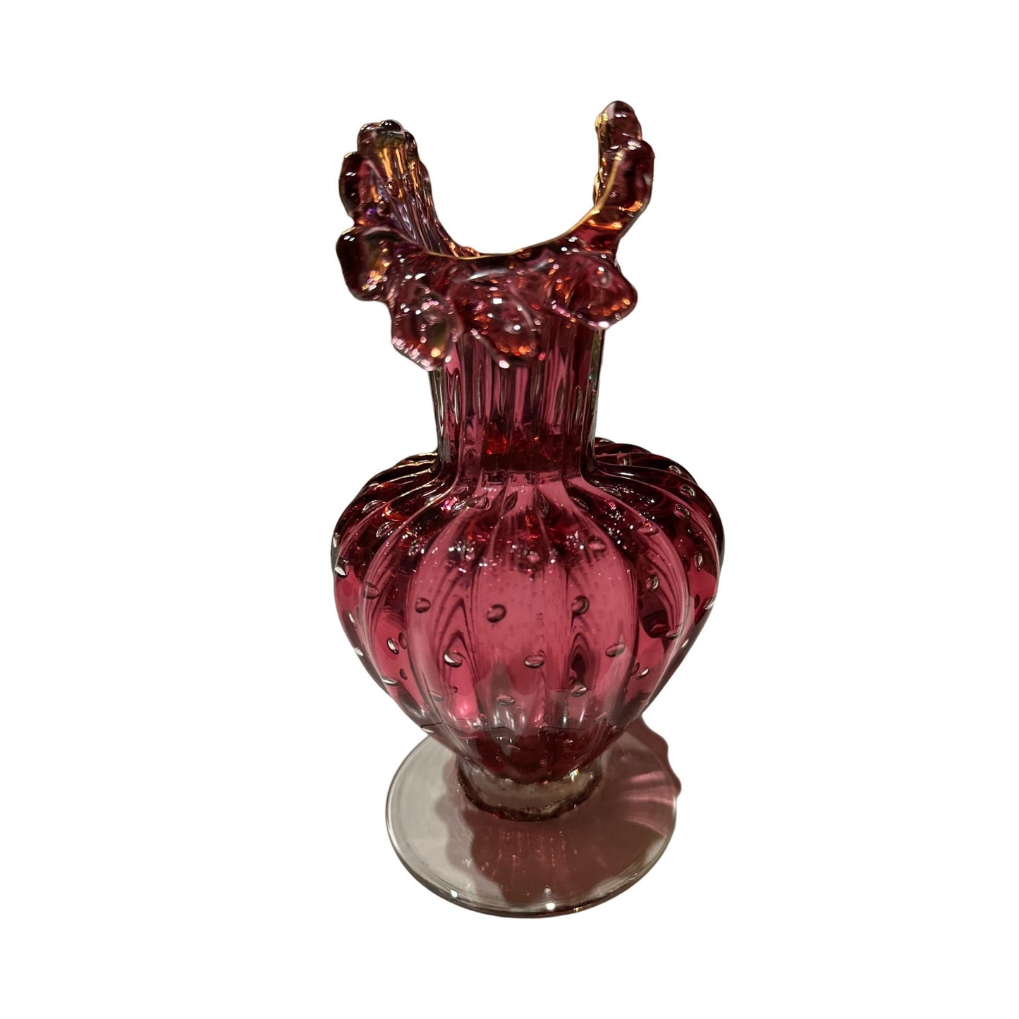 Mid Century Murano Venetian Raspberry Buccilante Glass Ruffle Vase Purple