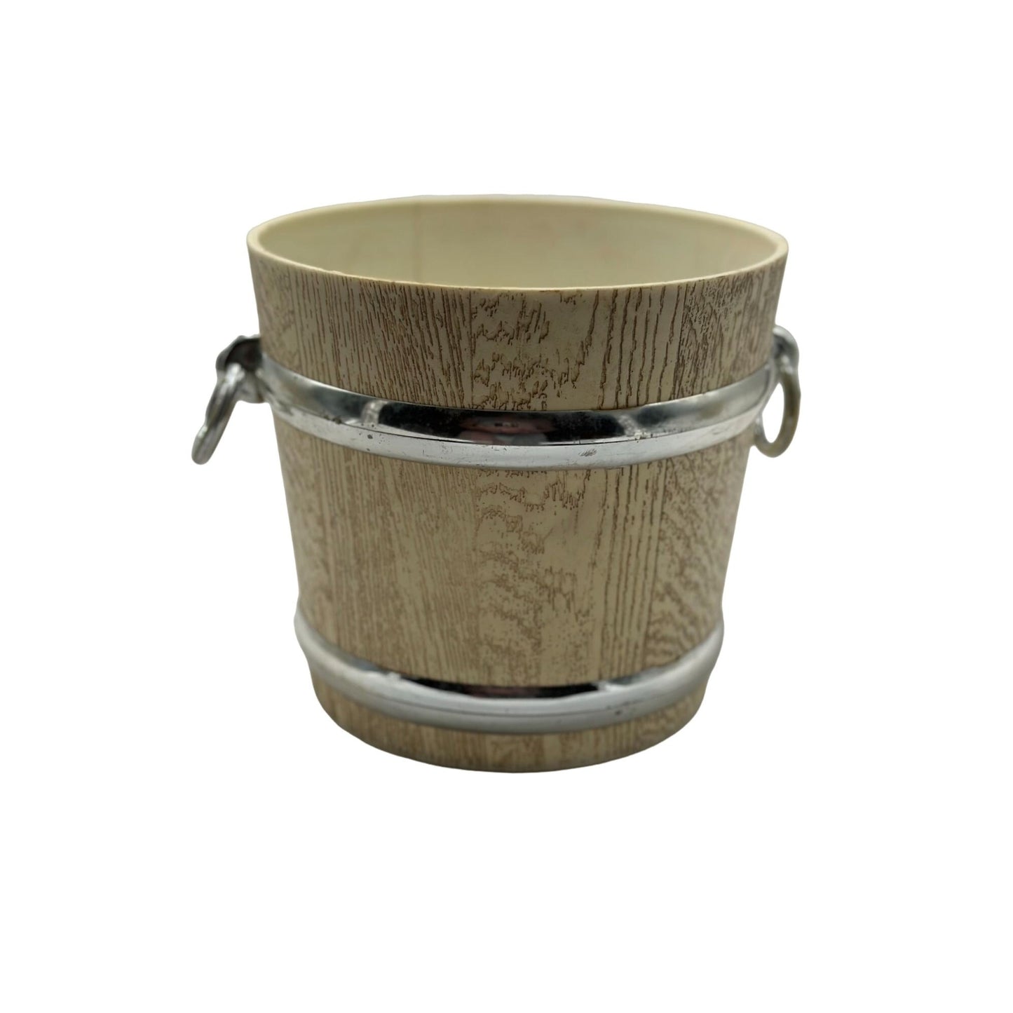 Vintage Faux Wood Look Ice Bucket Tan Silver Collectible Rare find Retro