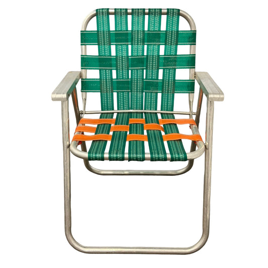 Vintage Webbed Aluminum Frame Folding Lawn Patio Chair Green Orange