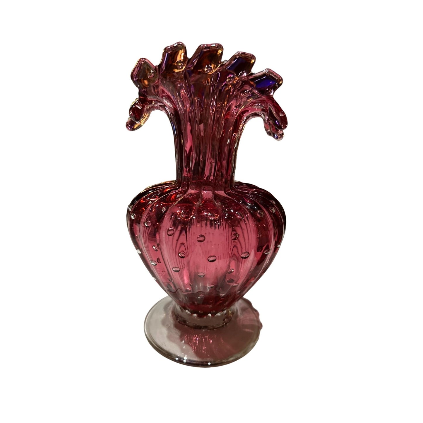 Mid Century Murano Venetian Raspberry Buccilante Glass Ruffle Vase Purple