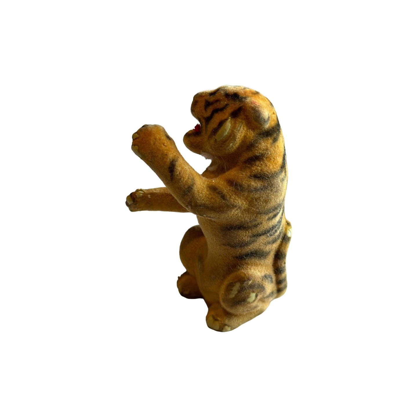 Vintage Flocked Sitting Tiger Figurine Rare Collectible 1.5" x 4" Tall