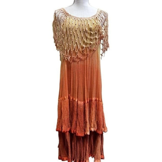 Viva Womens Ombre Bohemian Cascading layered fringe-maxi dress Orange S/M