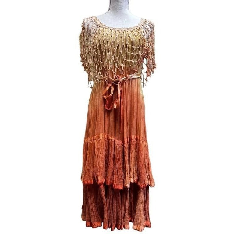 Viva Womens Ombre Bohemian Cascading layered fringe-maxi dress Orange S/M