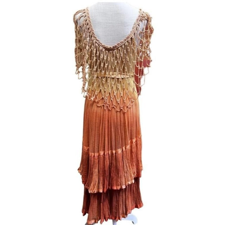 Viva Womens Ombre Bohemian Cascading layered fringe-maxi dress Orange S/M