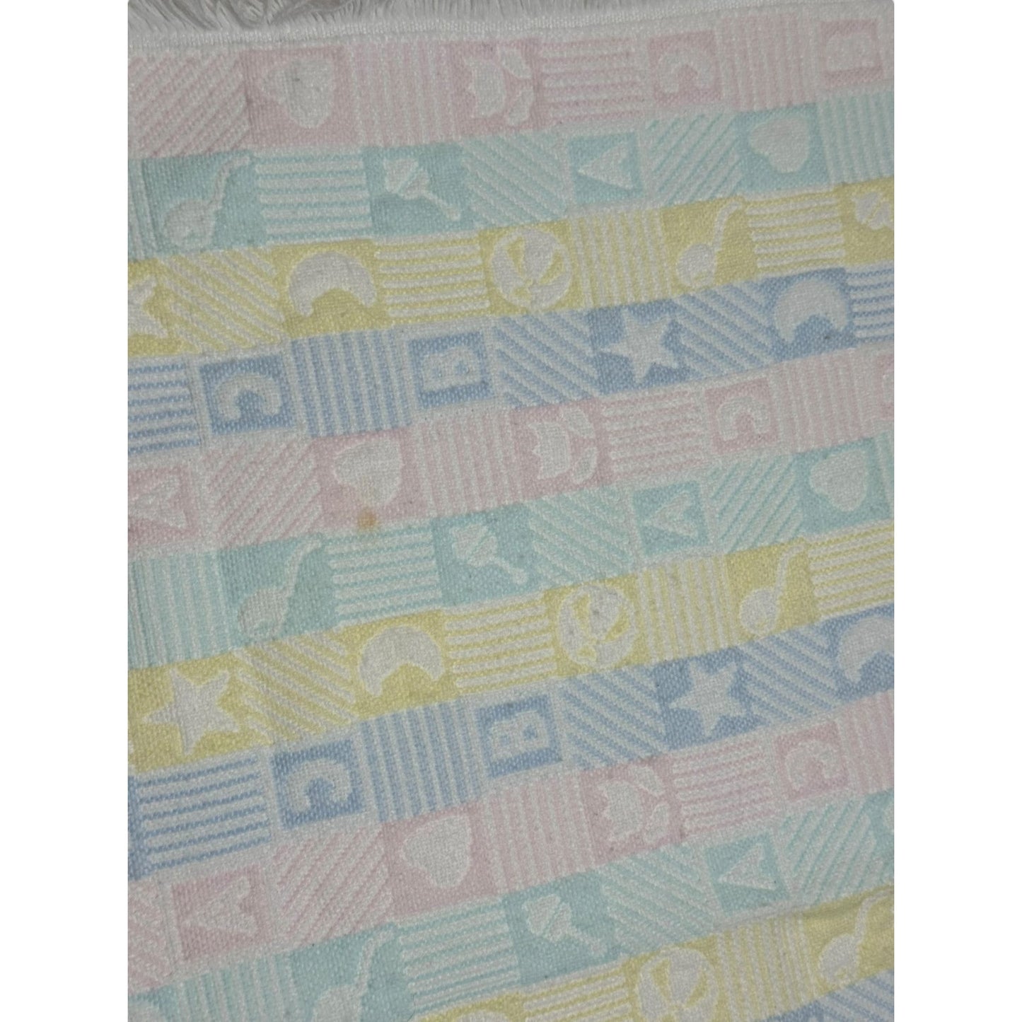 Vintage Baby Blanket Fringe Pastel Blocks Moon Star ABC Alphabet 35"x3'3"