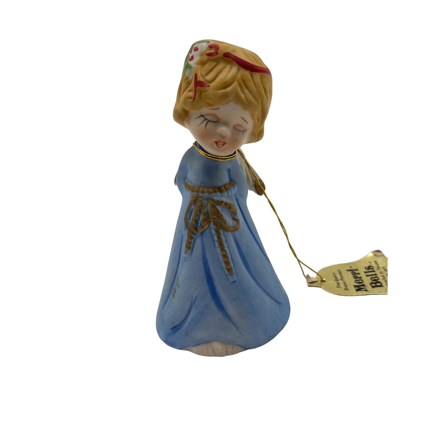 Vintage Jasco Bashful Belle Angel Girl in Blue Figurine Bisque Porcelain Bell