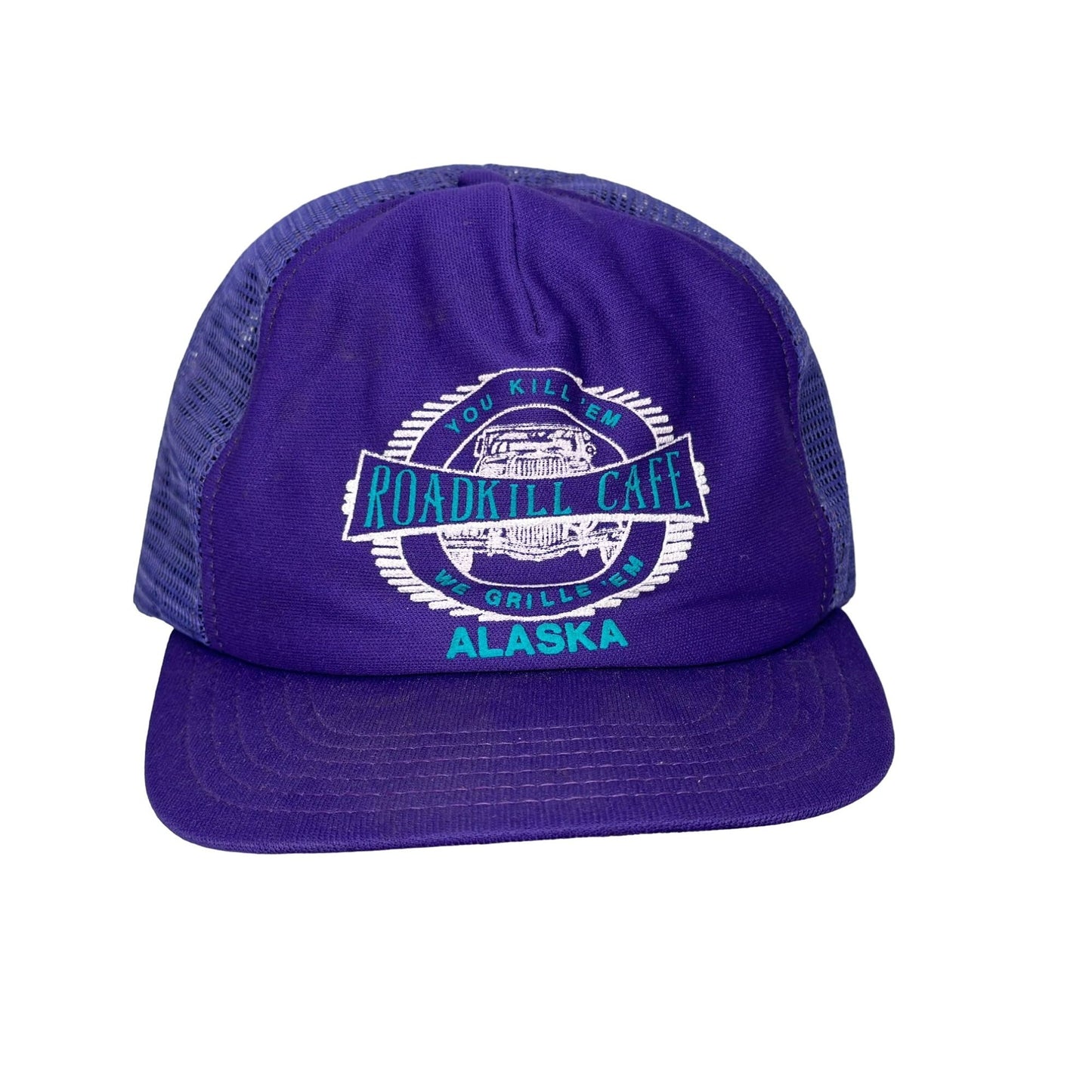 Vintage Purple Mesh Foam Trucker Hat Cap You Kill'em We Grill'em Roadkill Cafe Alaska