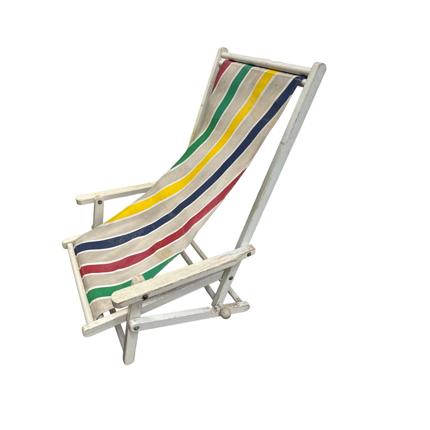 Vintage Wood Striped Fabric Adjustable Sun Lounger Seaside Folding Deck Chair