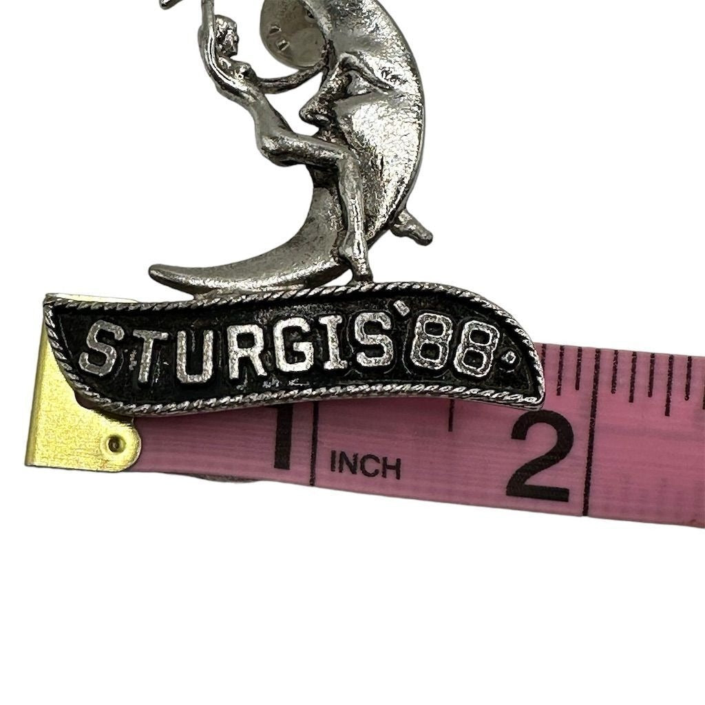 1988 Sturgis Rally Collectible Pin - Vintage Lady Riding Moon Design