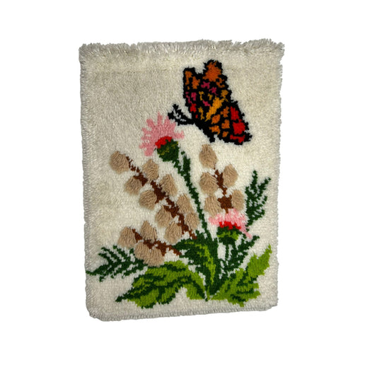 Vintage Mid Century Latch Hook Rug Flowers & Butterfly Wall Decor Collectible