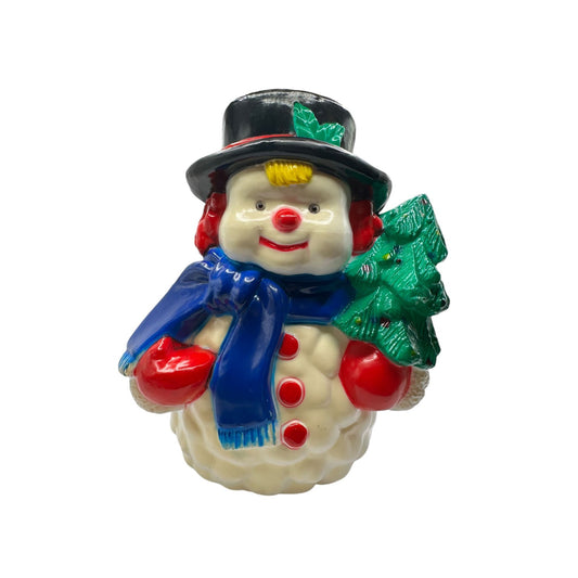 Vintage Snowman Blow Mold with Tree & Scarf Ceramic Festive Holiday Decor