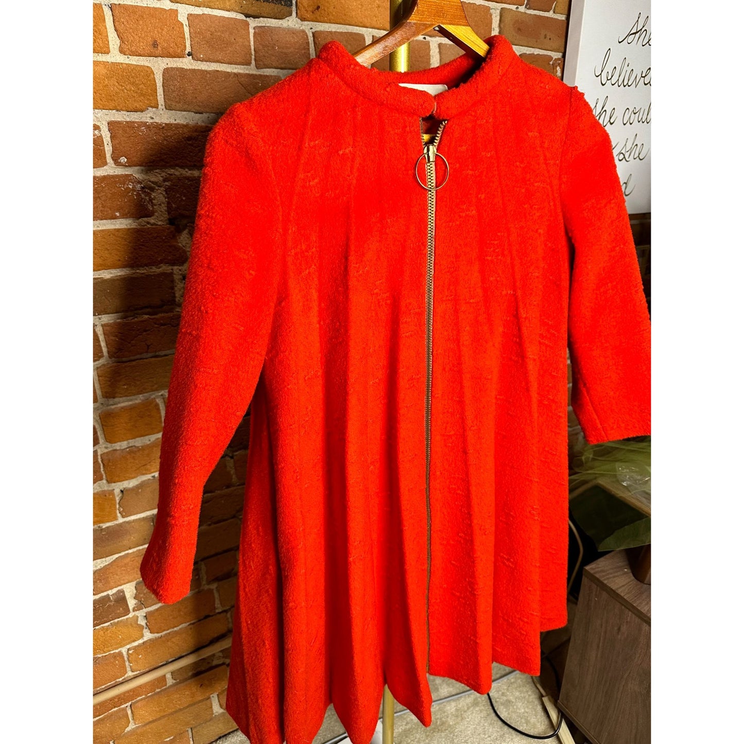 Vintage Lilli Ann Red Orange Wool A-Line Coat With Full-Length Zipper & Ring Pull