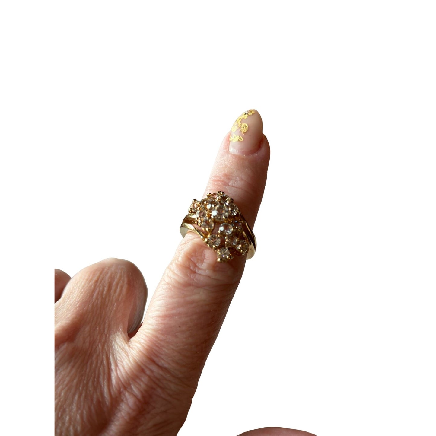 Vintage Womens Clear Crystal Cocktail Ring Electroplated Gold Plated