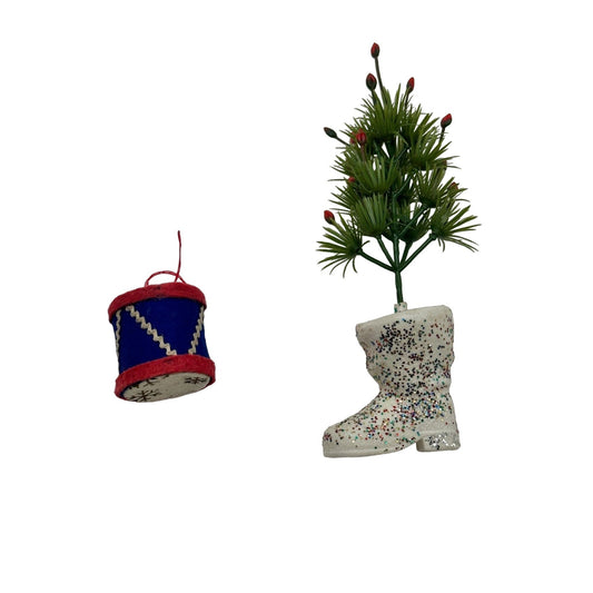 Vintage Toy Drum & White Boot with Pine Tree Christmas Tree Ornaments