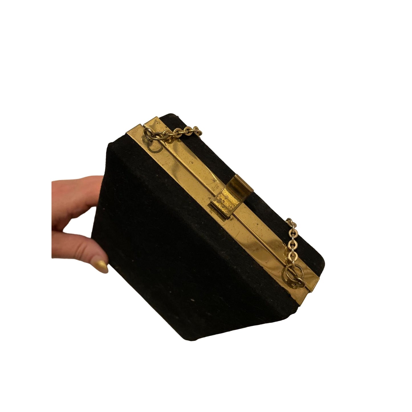 Vintage Black Suede Evening Clutch Bag Hard Frame Gold Plated Chain 1950's