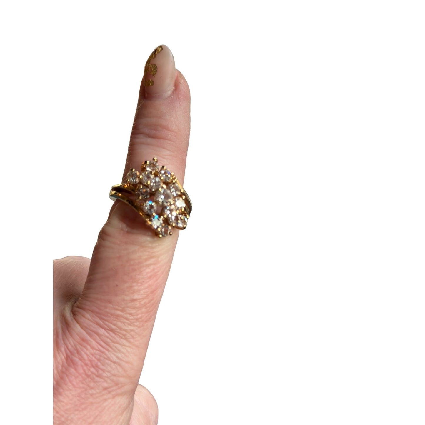 Vintage Womens Clear Crystal Cocktail Ring Electroplated Gold Plated