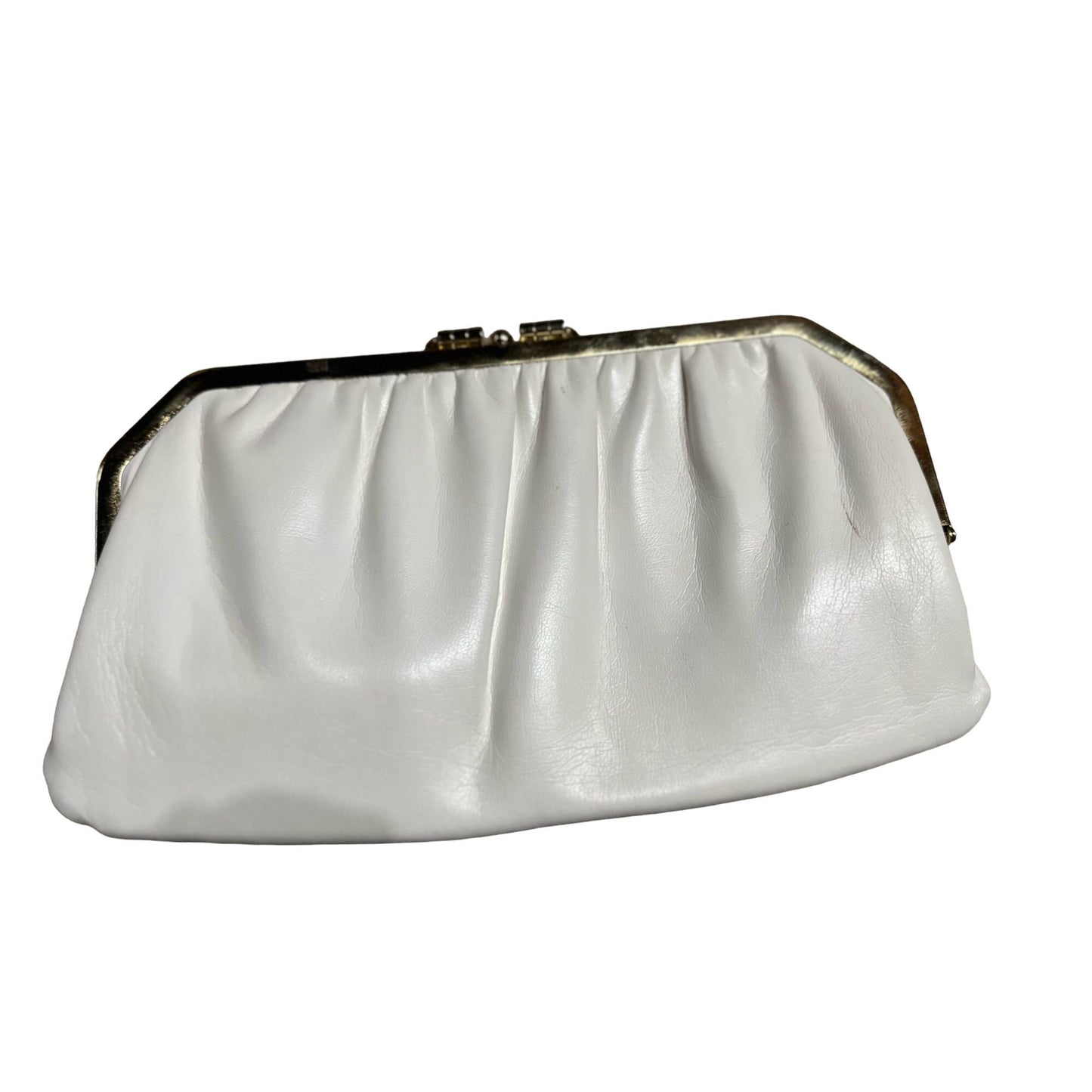 Vintage Womens Reversible White Navy Blue Leather Purse Clutch w/Gold Accents