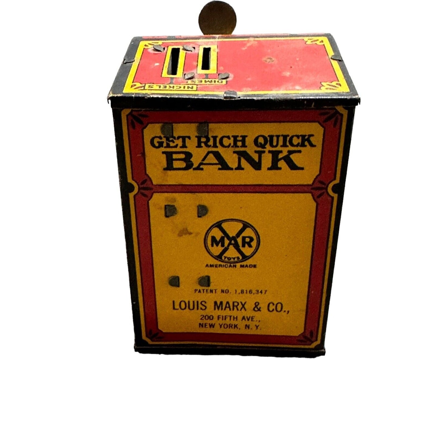 MARX MECHANICAL TIN GET RICH QUICK TOY BANK ~ ACCEPTS NICKELS & DIMES