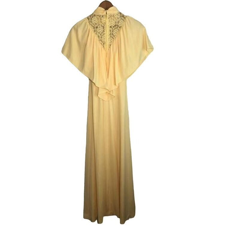 Vintage 1970s Womens High Neck Capelet Formal Maxi Dress Size Small Yellow