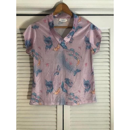 Vintage Me & Christel Womens V neck Short Cap Sleeve Top Pink Blue Size Small