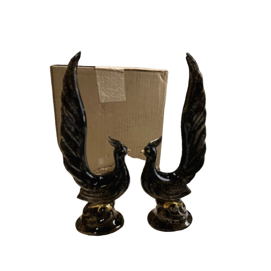 Vintage Pair of Ceramic Japan Black Gold Trim Phoenix Bird Figurine Collectible