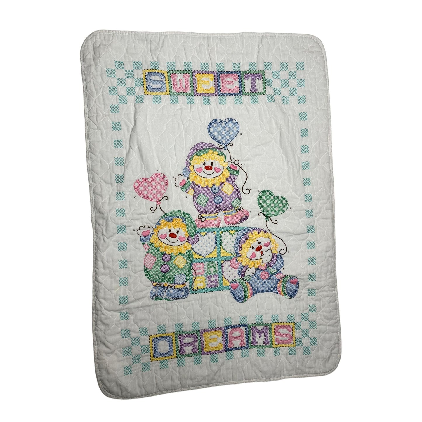 Handmade Baby Blanket Embroidered Clowns Sweet Dreams Cross Stitch 27"x3' 2"