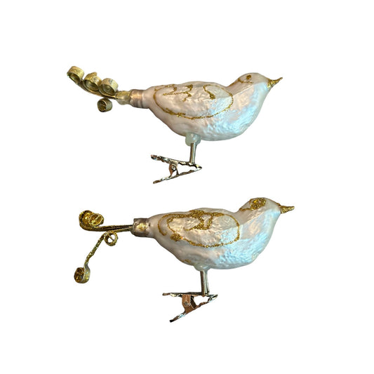 Vintage Christmas Clip On Bird Tree Ornament 5" White & Gold Glitter Set of 2